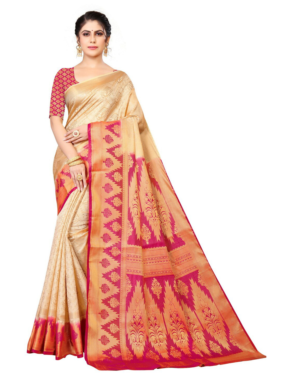 

MOKSHA DESIGNS Cream-Coloured & Pink Ethnic Motifs Zari Pure Silk Kanjeevaram Saree