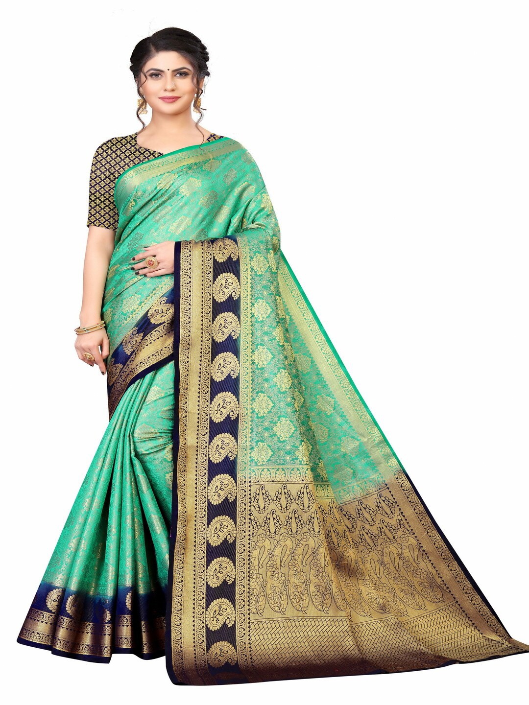 

MOKSHA DESIGNS Green & Navy Blue Ethnic Motifs Zari Pure Silk Kanjeevaram Saree