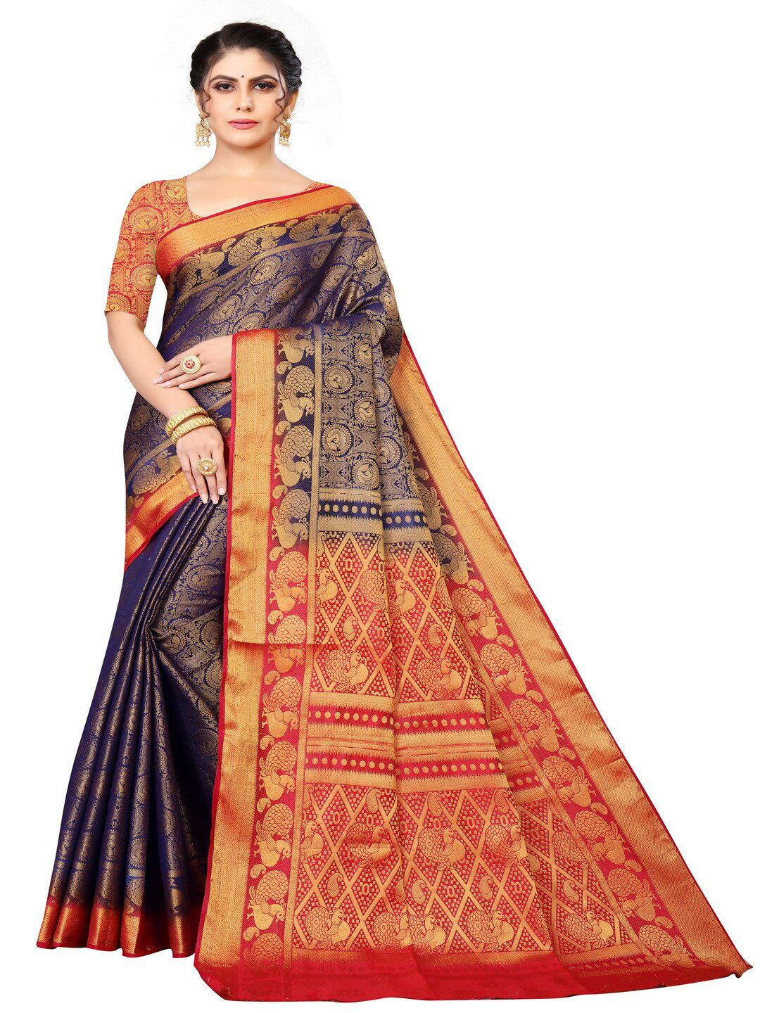 

MOKSHA DESIGNS Navy Blue & Red Woven Design Zari Pure Silk Kanjeevaram Saree