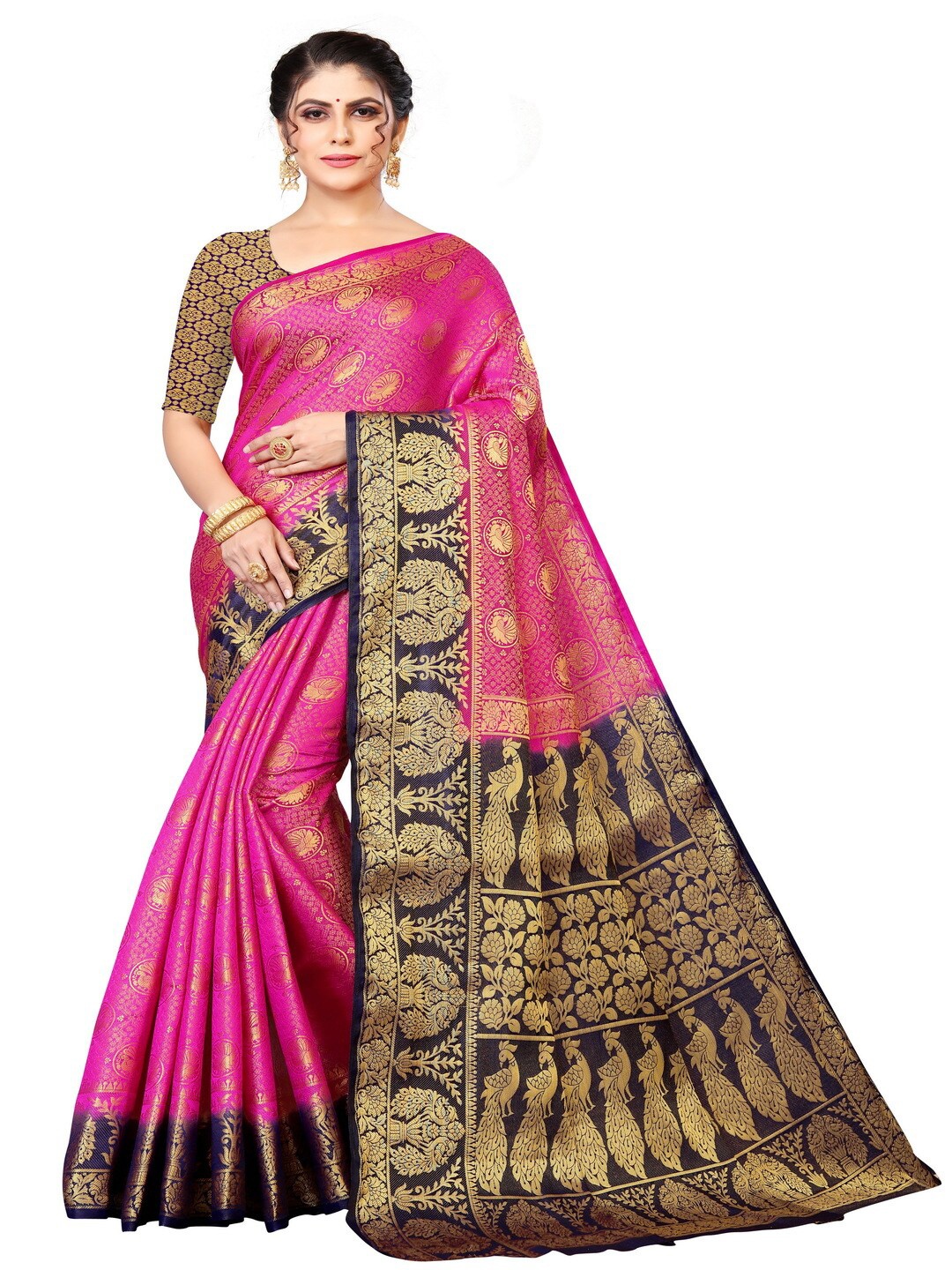 

MOKSHA DESIGNS Pink & Navy Blue Ethnic Motifs Zari Pure Silk Kanjeevaram Saree