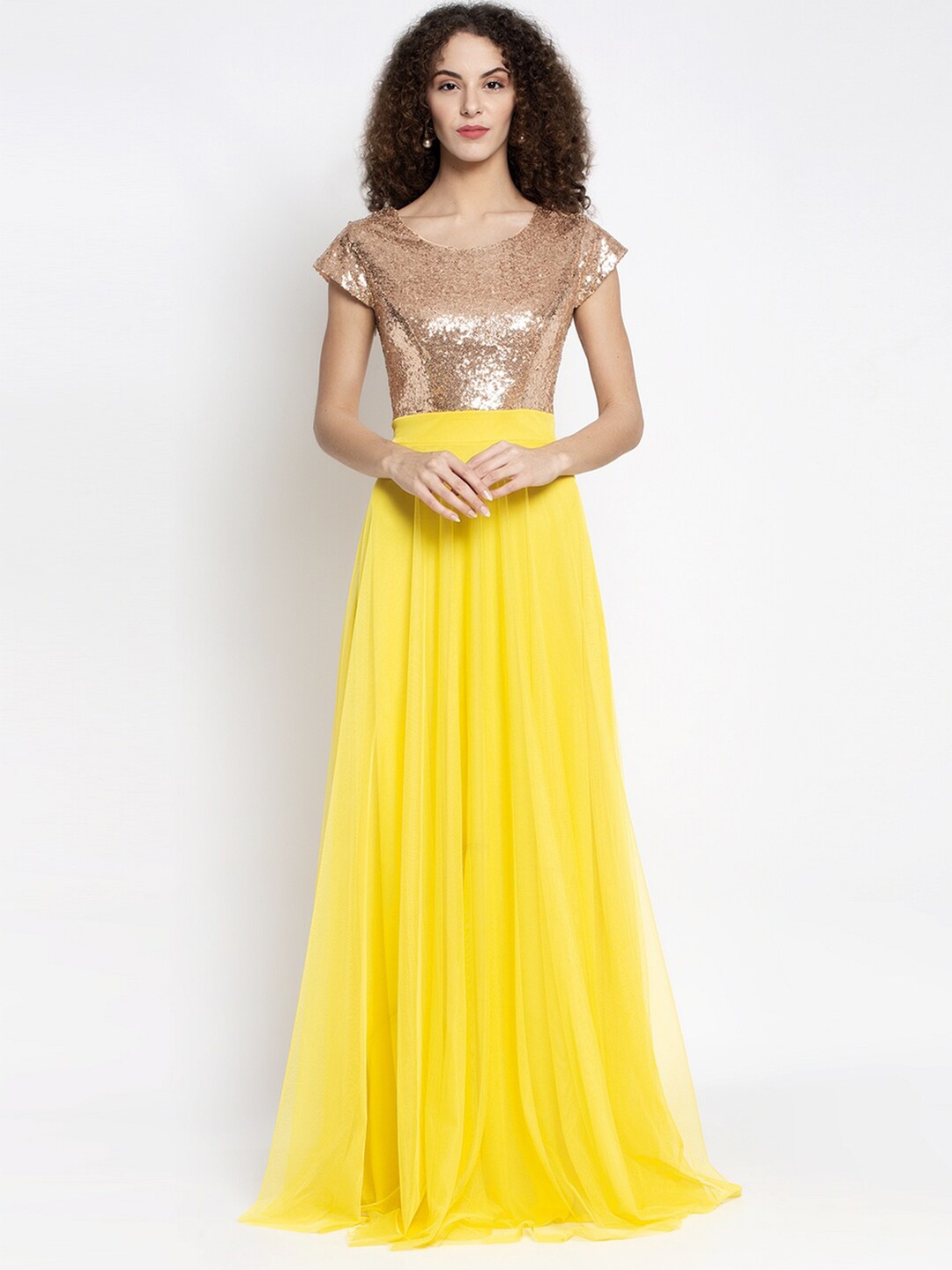 

Just Wow Women Yellow Embellished Short Sleeve Net Maxi Dress