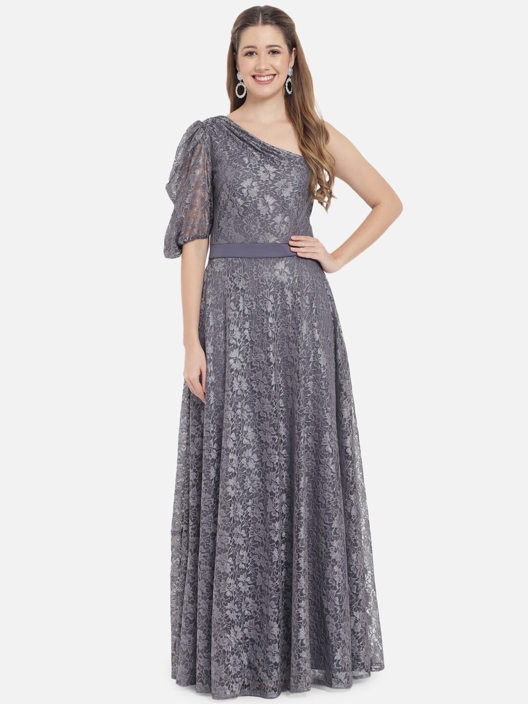 

Just Wow Women Grey One Shoulder Lace Maxi Dress