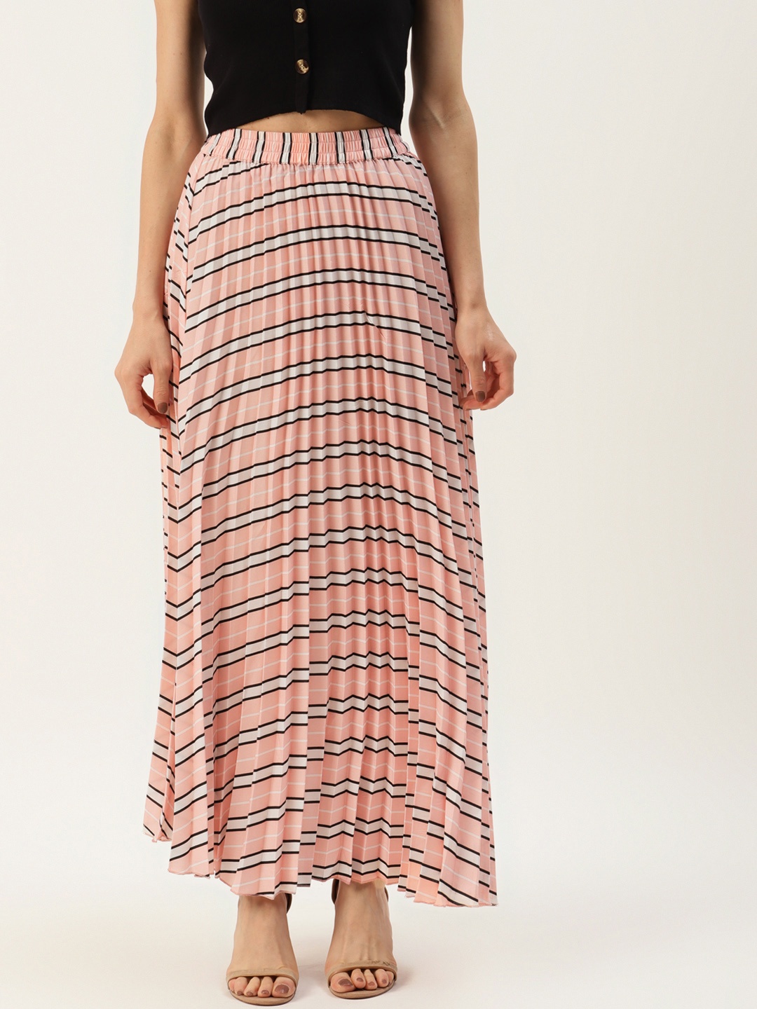 

U&F Pink & White Striped Flared Maxi Skirt