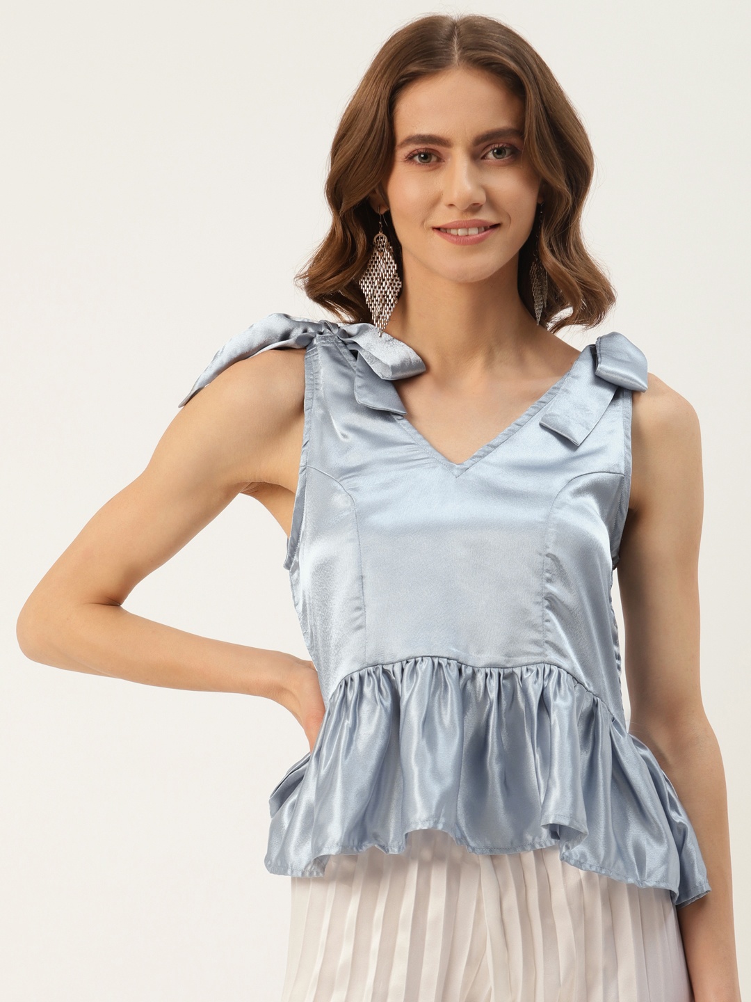 

U&F Women Grey Solid Crepe Peplum Top
