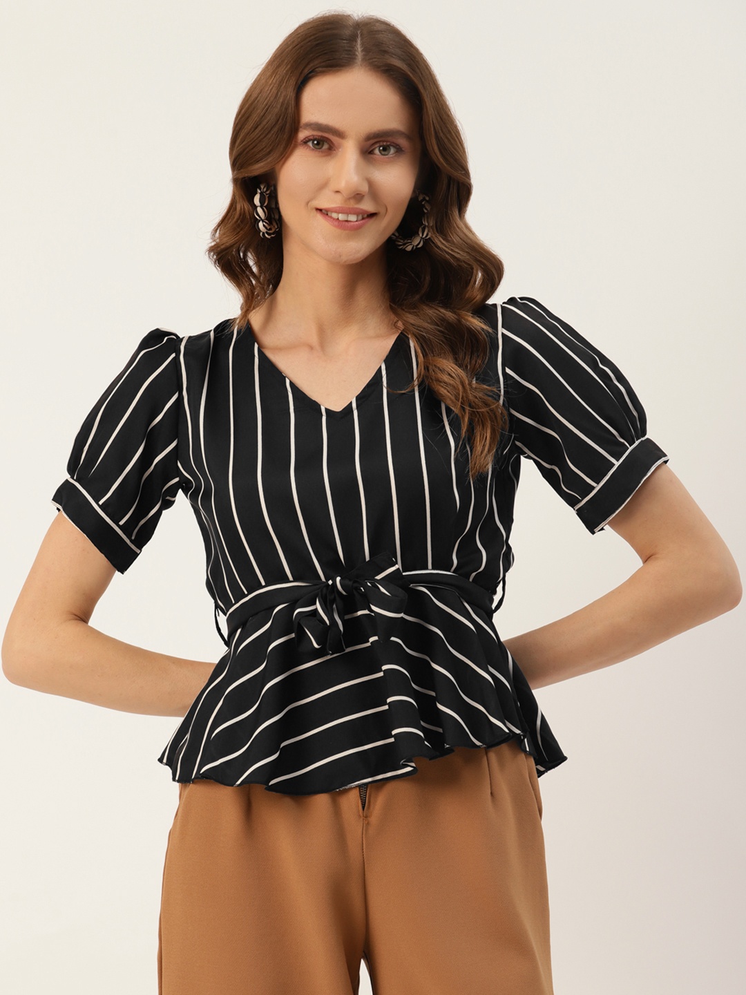 

U&F Black & White Striped Crepe Peplum Top