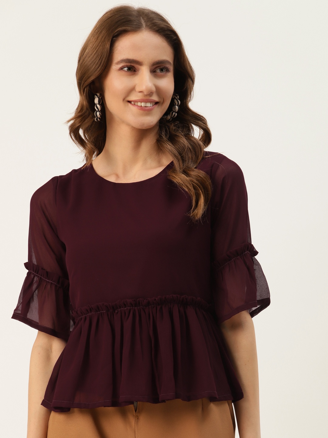 

U&F Burgundy Crepe Peplum Top