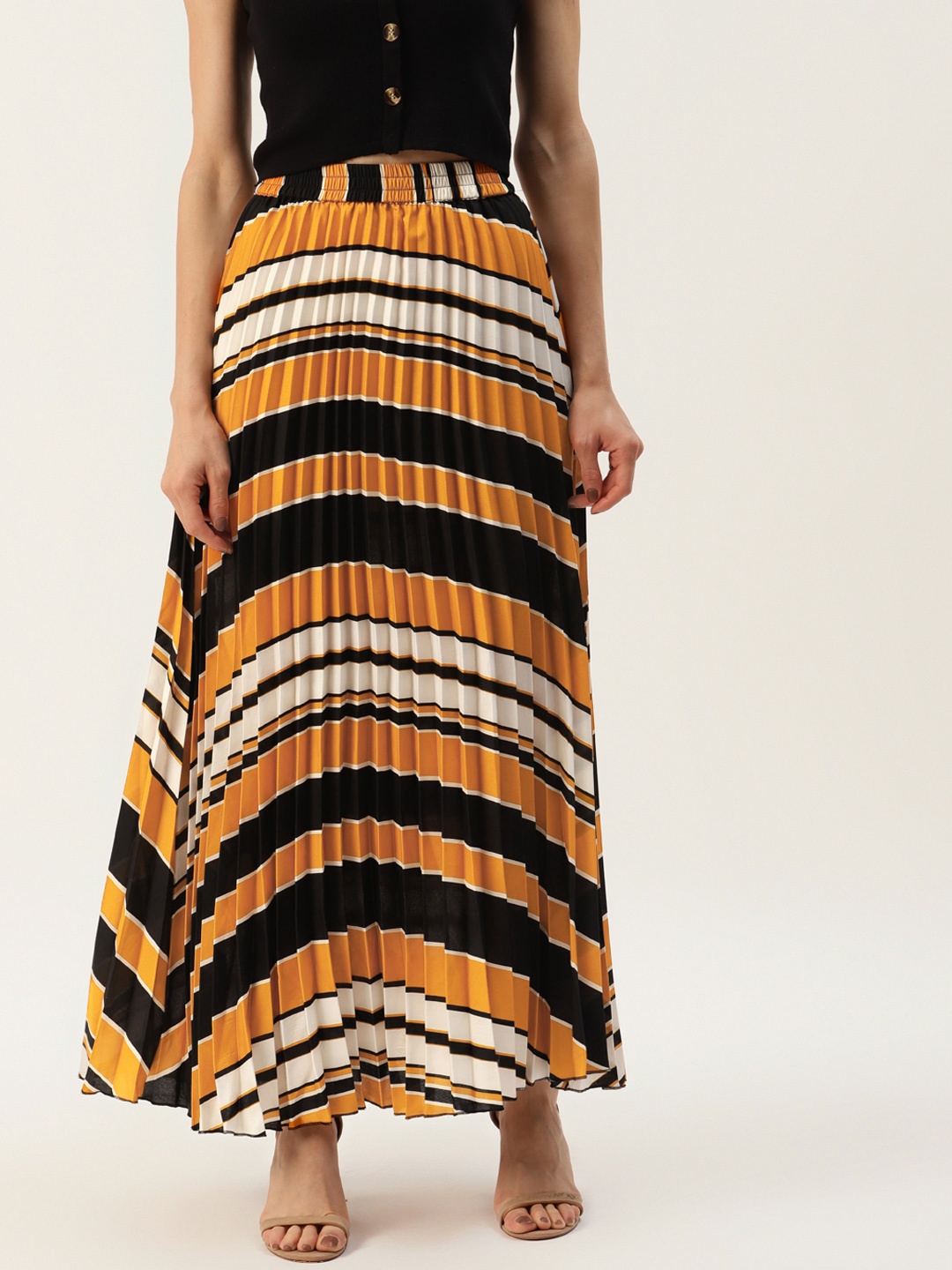

U&F Women Mustard Yellow & Black Accordion Pleats Maxi A-Line Skirt