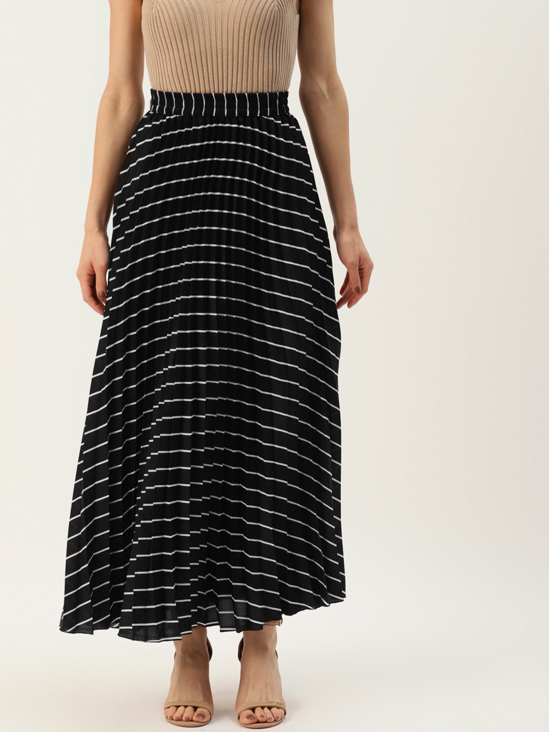 

U&F Women Black & White Striped Accordion Pleats Maxi A-Line Skirt