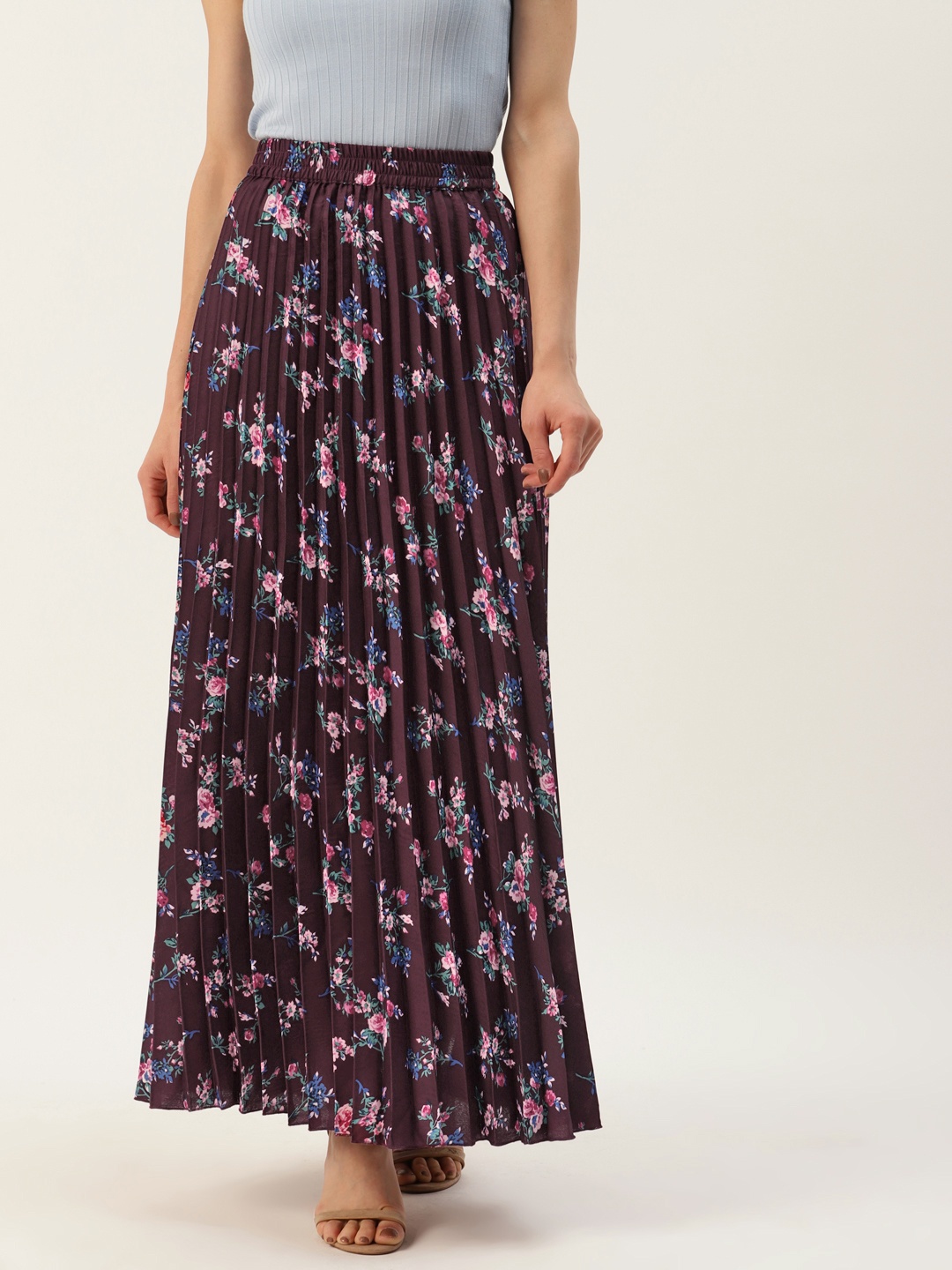 

U&F Women Maroon & Pink Floral Print Accordion Pleats Maxi A-Line Skirt