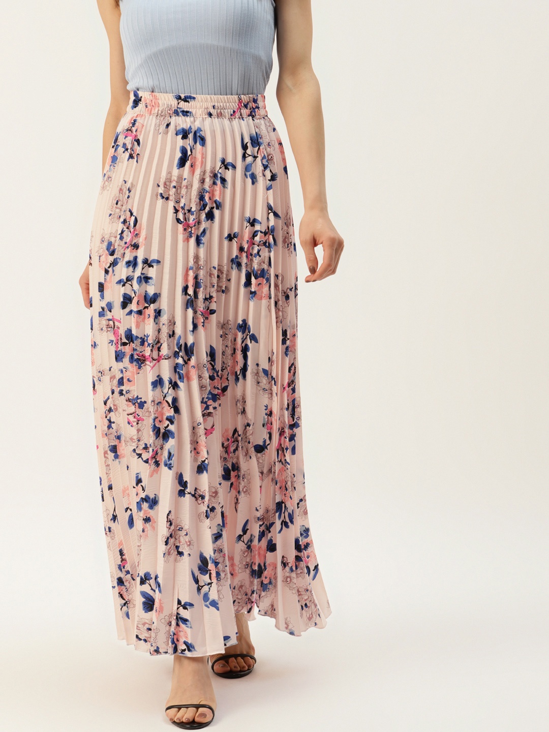 

U&F Women Peach-Coloured & Blue Floral Print Accordion Pleats Maxi A-Line Skirt