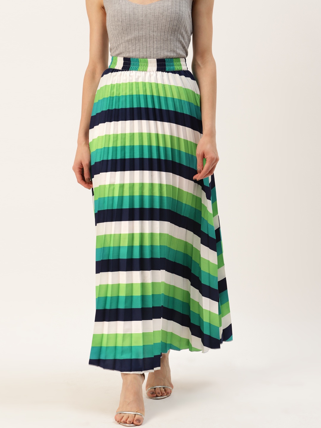 

U&F Women Green & White Striped Maxi Skirt