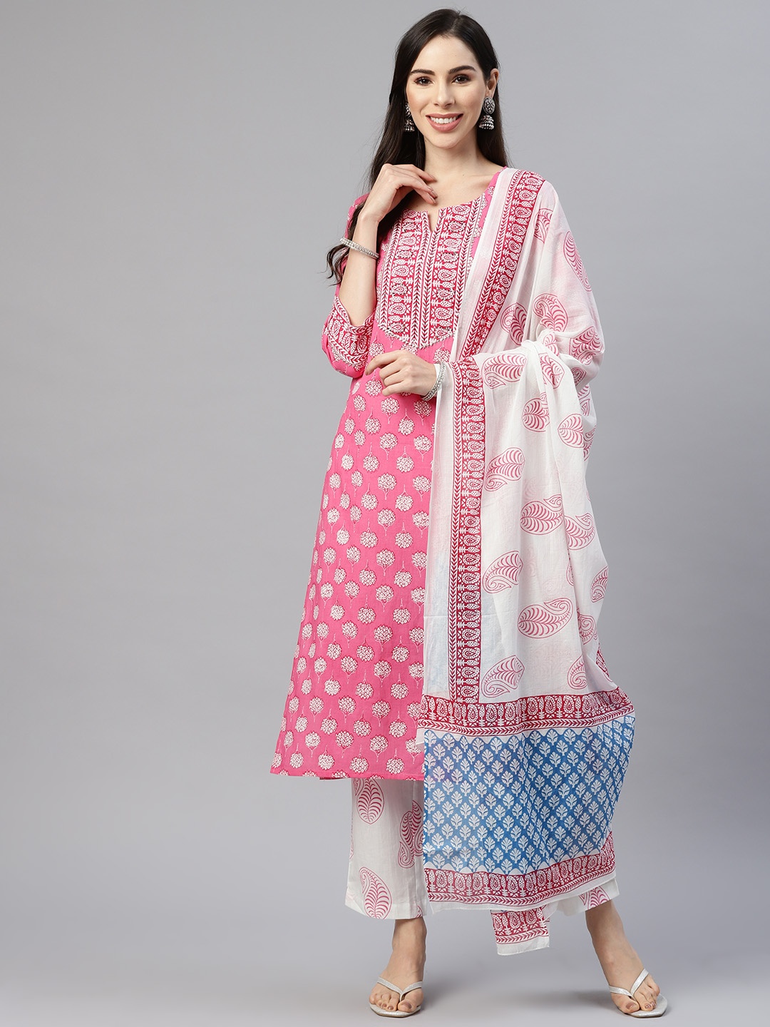 

MYAZA Women Pink Floral Printed Pure Cotton Kurta with Trousers & Dupatta