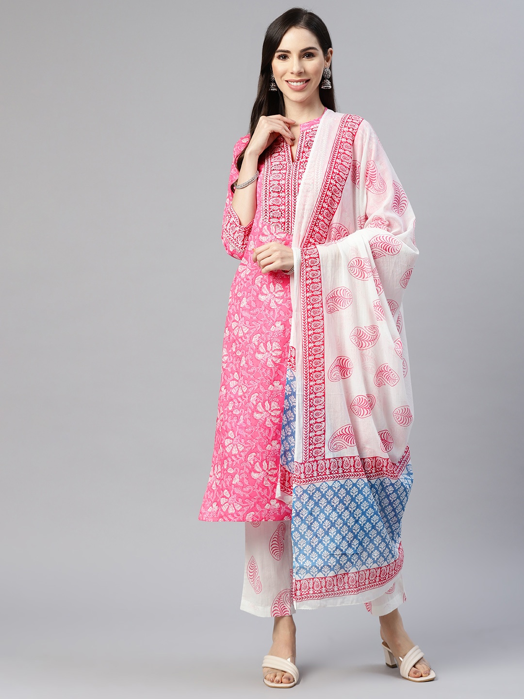 

MYAZA Women Pink Floral Printed Pure Cotton Kurta with Trousers & Dupatta