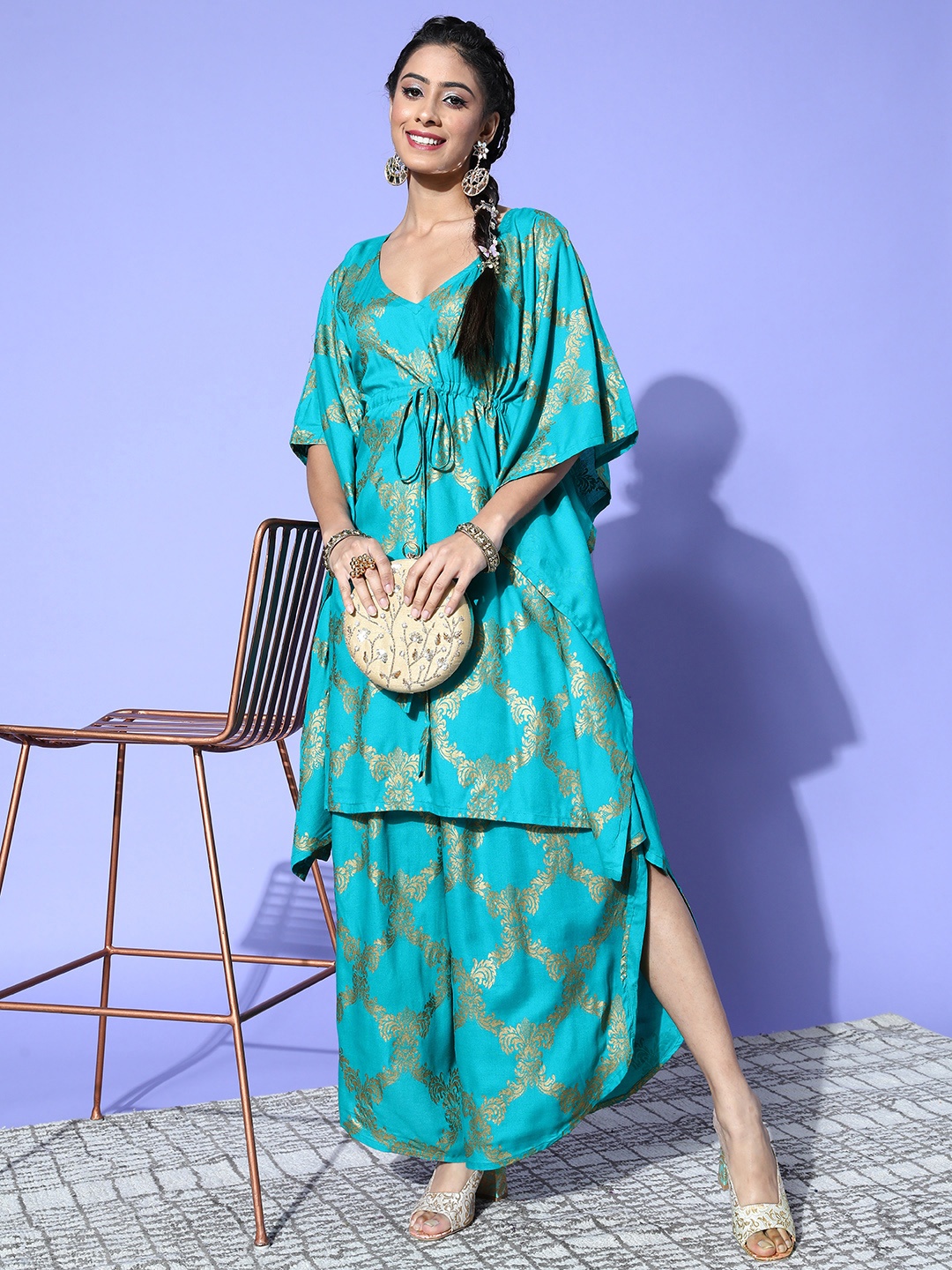 

InWeave Women Ethnic Motifs Viscose Rayon Adjustable Waistline Kurta Set, Blue