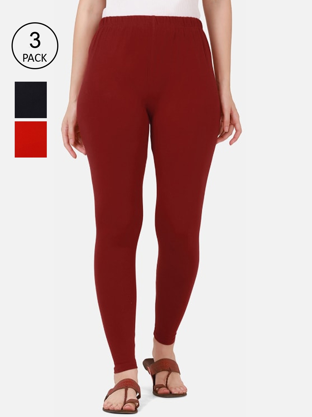 

BUY NEW TREND Women Pack Of 3 Solid Ankle-Length Leggings, Maroon