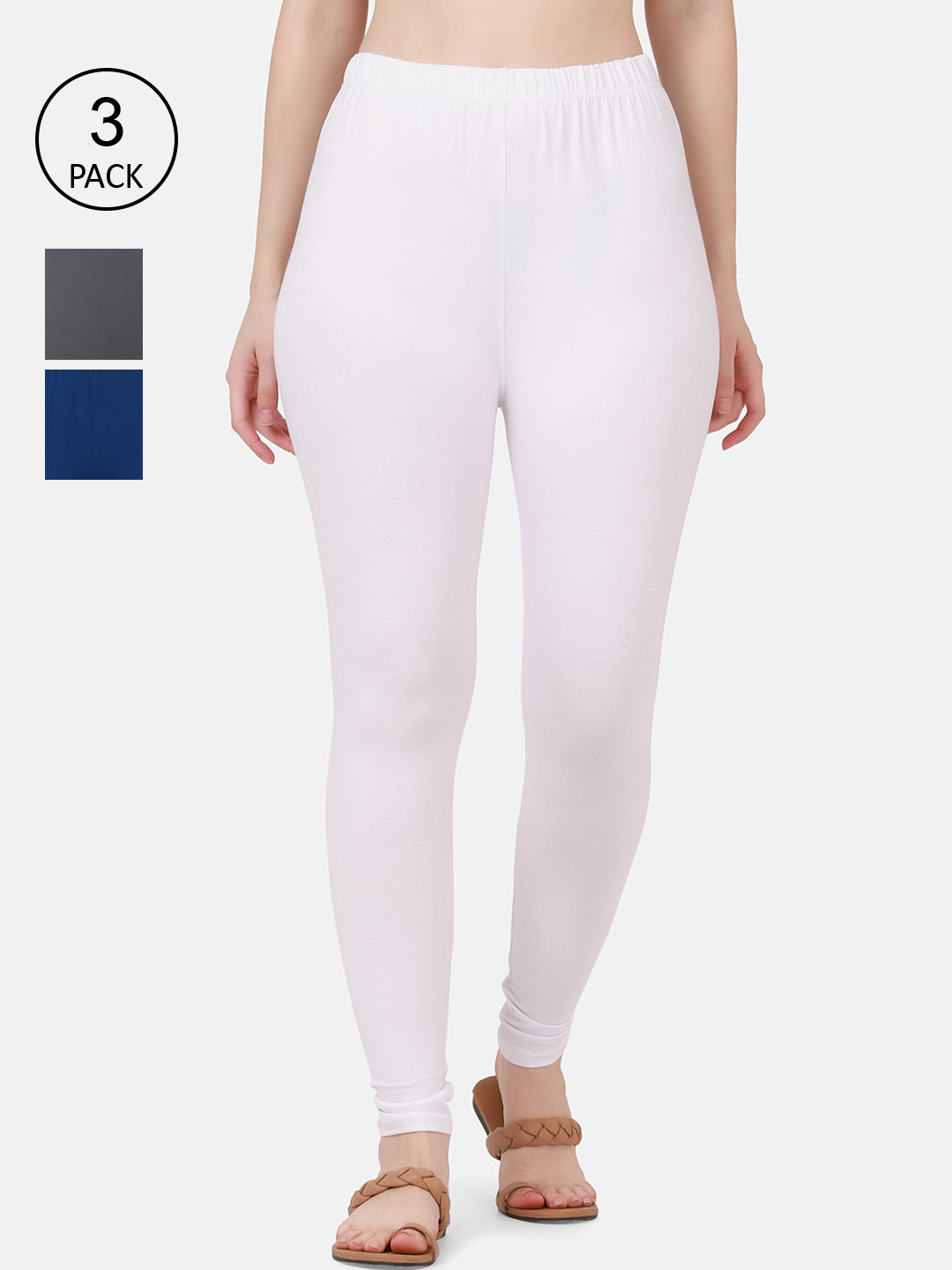 

BUY NEW TREND Women Pack Of 3 Solid Pure Cotton Ankle-Length Leggings, Blue