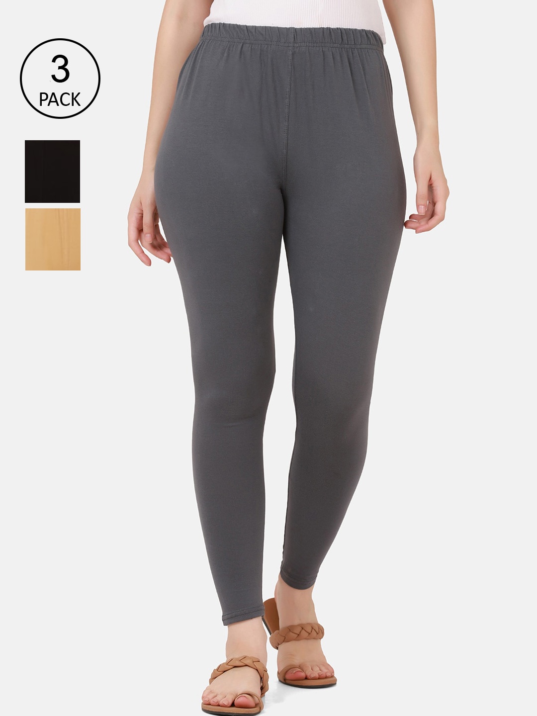 

BUY NEW TREND Women Pack Of 3 Solid Cotton Ankle-Length Leggings, Black