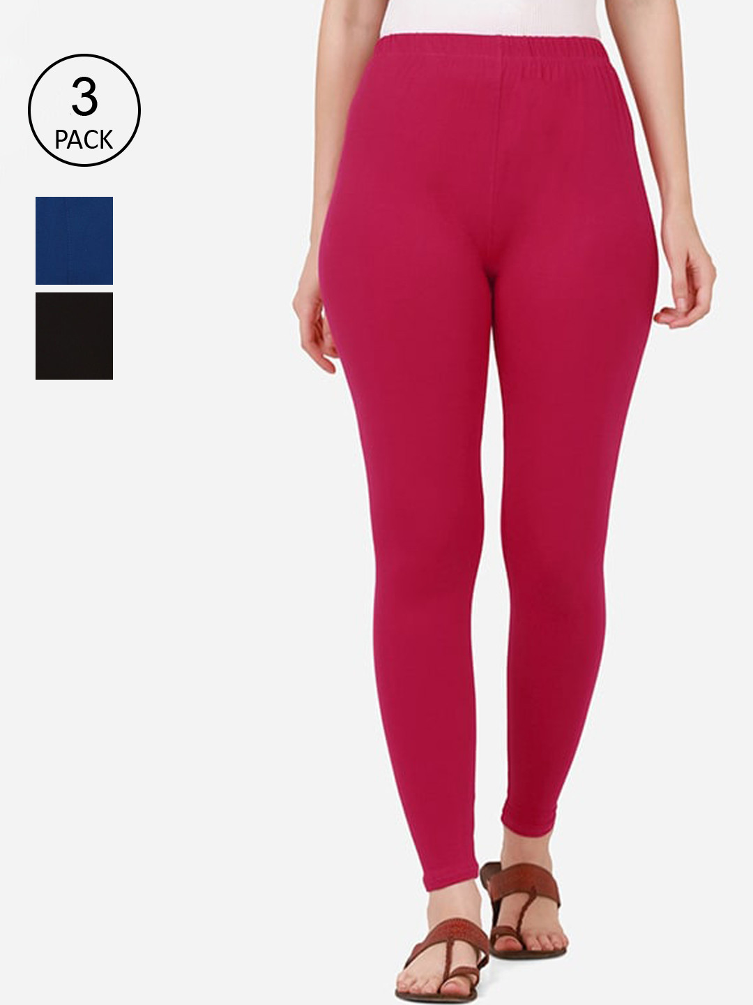 

BUY NEW TREND Women Pack Of 3 Solid Cotton Ankle-Length Leggings, Pink