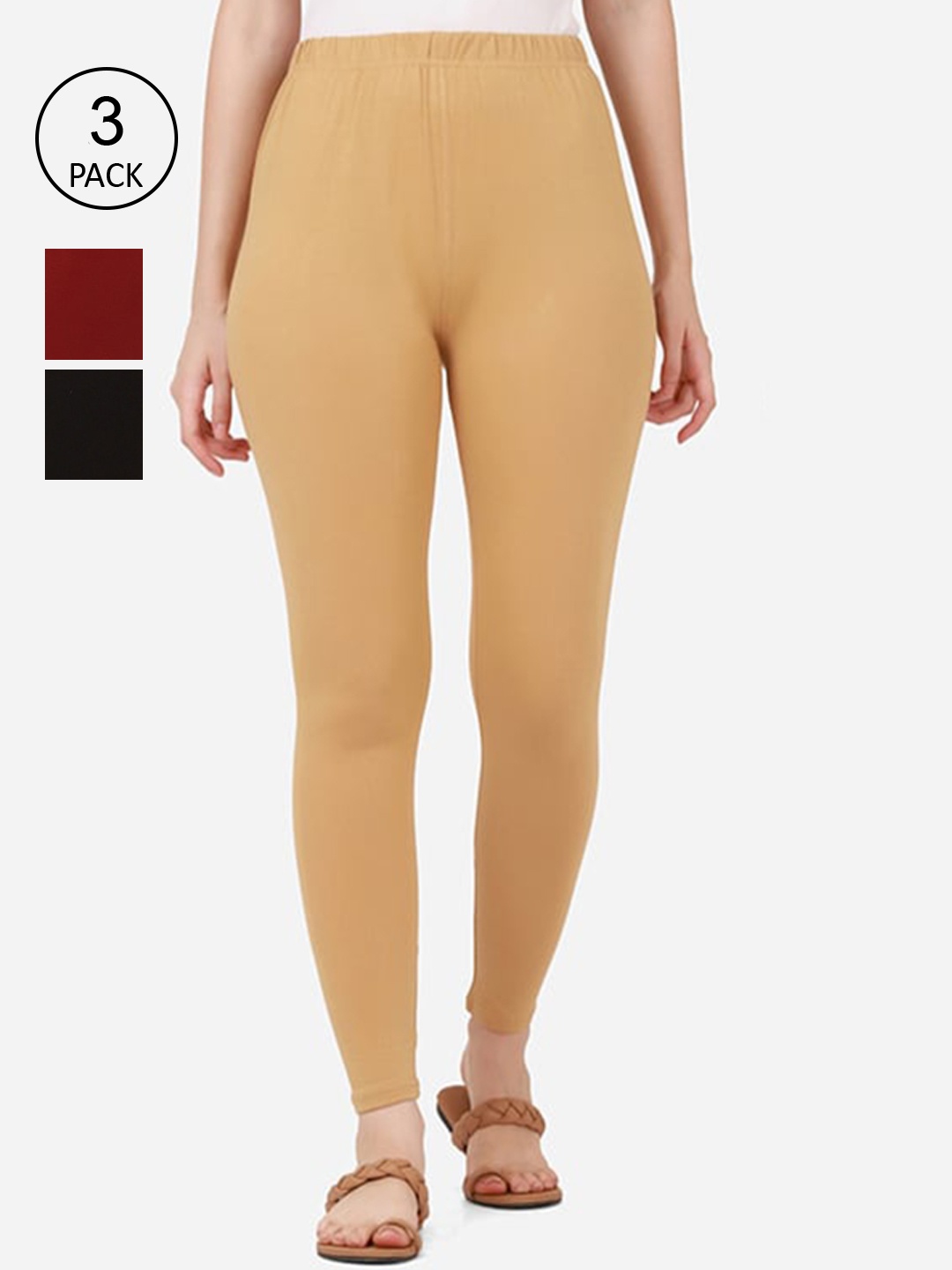 BUY NEW TREND Women Pack Of 3 Solid Ankle Length Leggings, Black