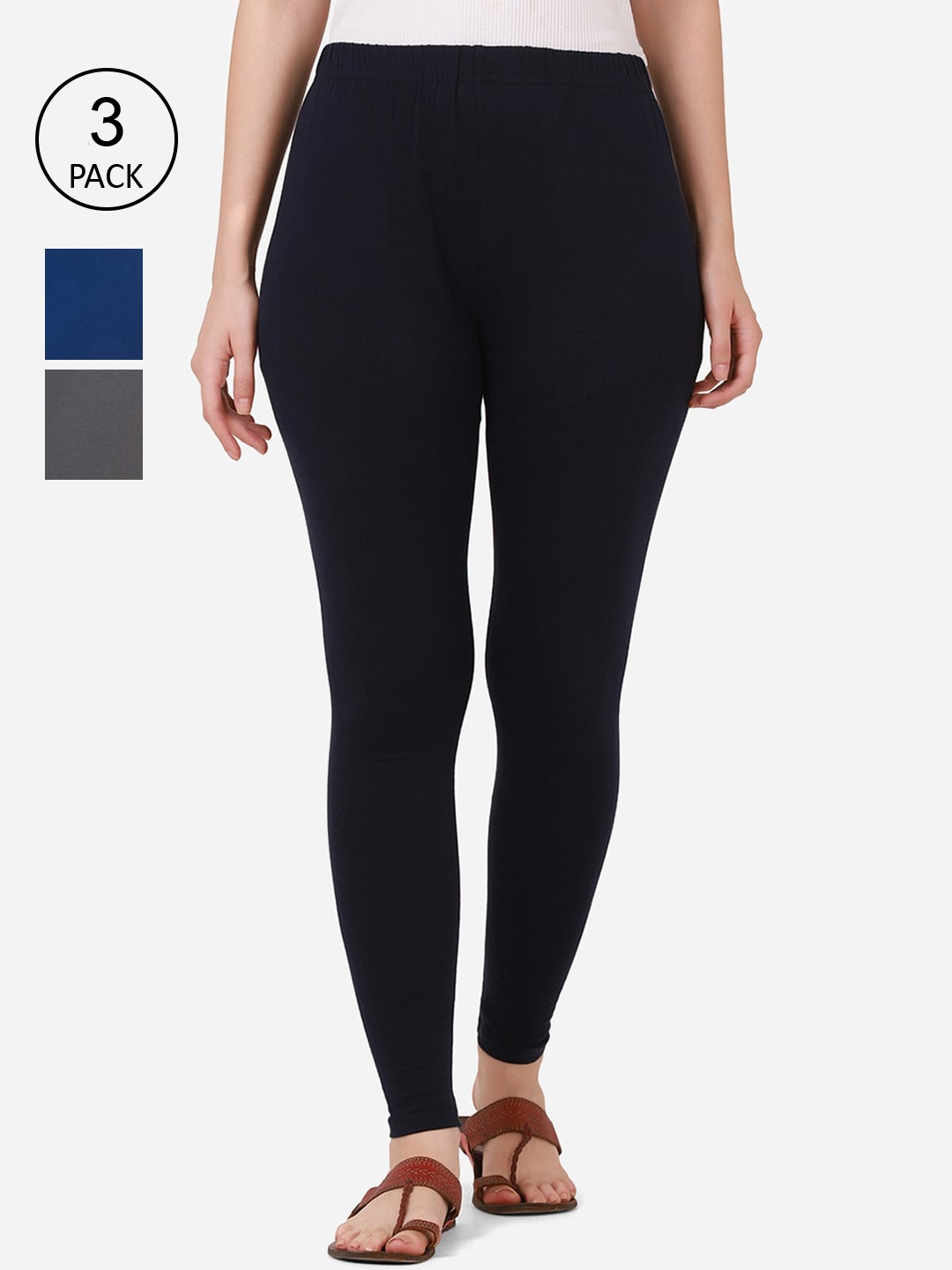 

BUY NEW TREND Women Pack Of 3 Solid Ankle-Length Leggings, Navy blue