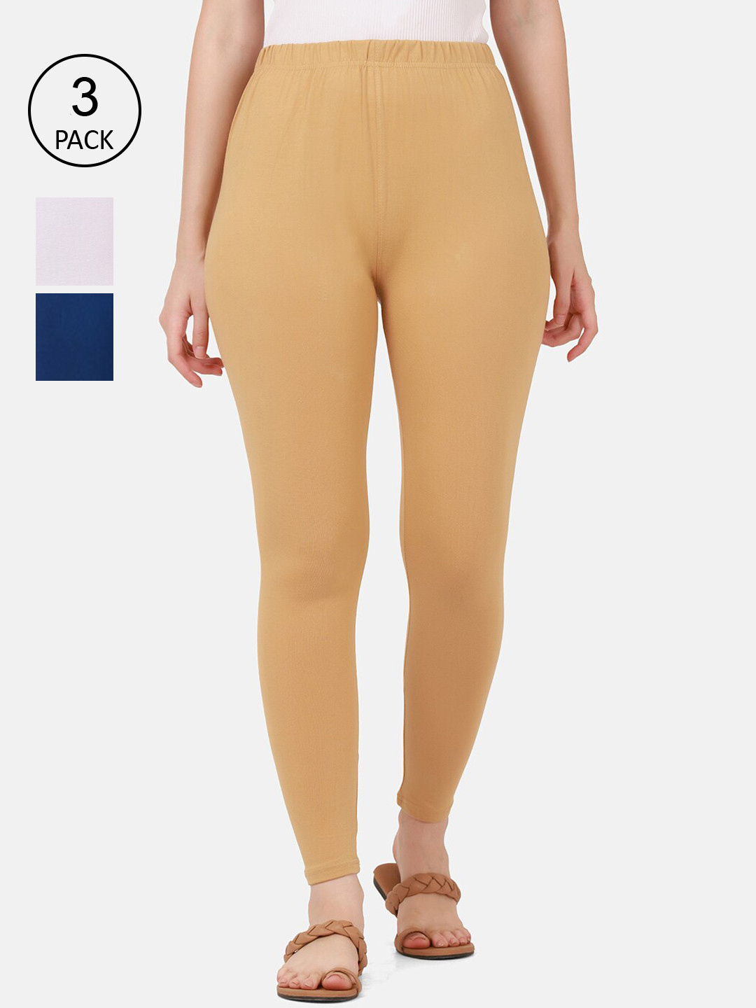 

BUY NEW TREND Women Pack Of 3 Solid Ankle-Length Cotton Leggings, Beige