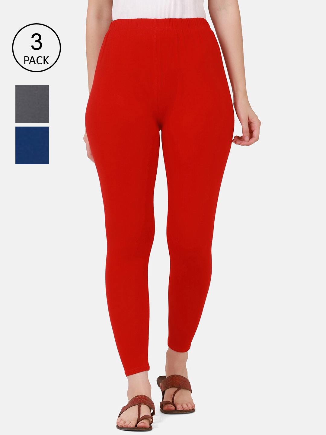 

BUY NEW TREND Women Pack Of 3 Solid Pure Cotton Ankle-Length Leggings, Blue