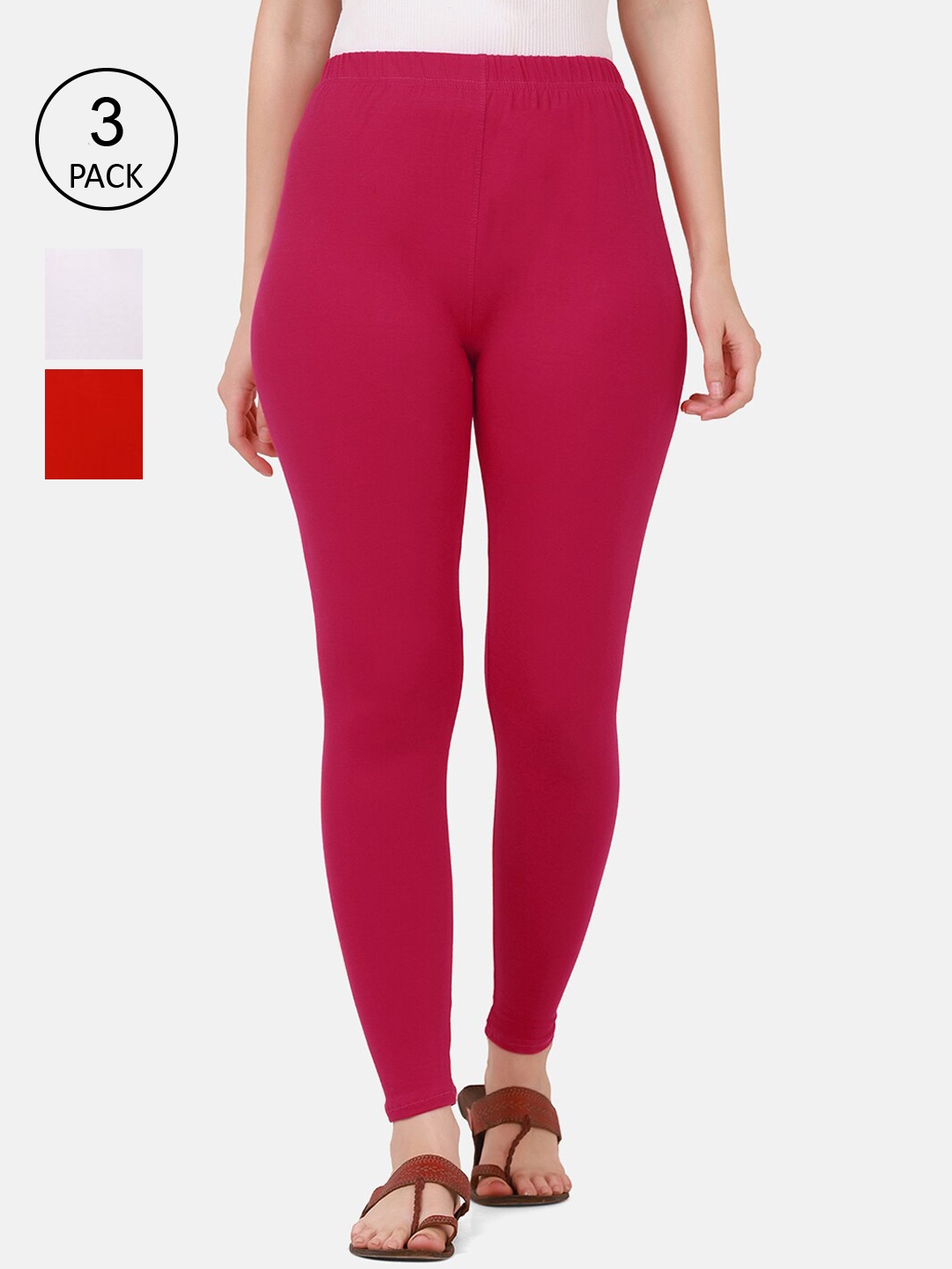 

BUY NEW TREND Women Pack Of 3 Solid White, Pink and Red Pure Cotton Ankle-Length Leggings