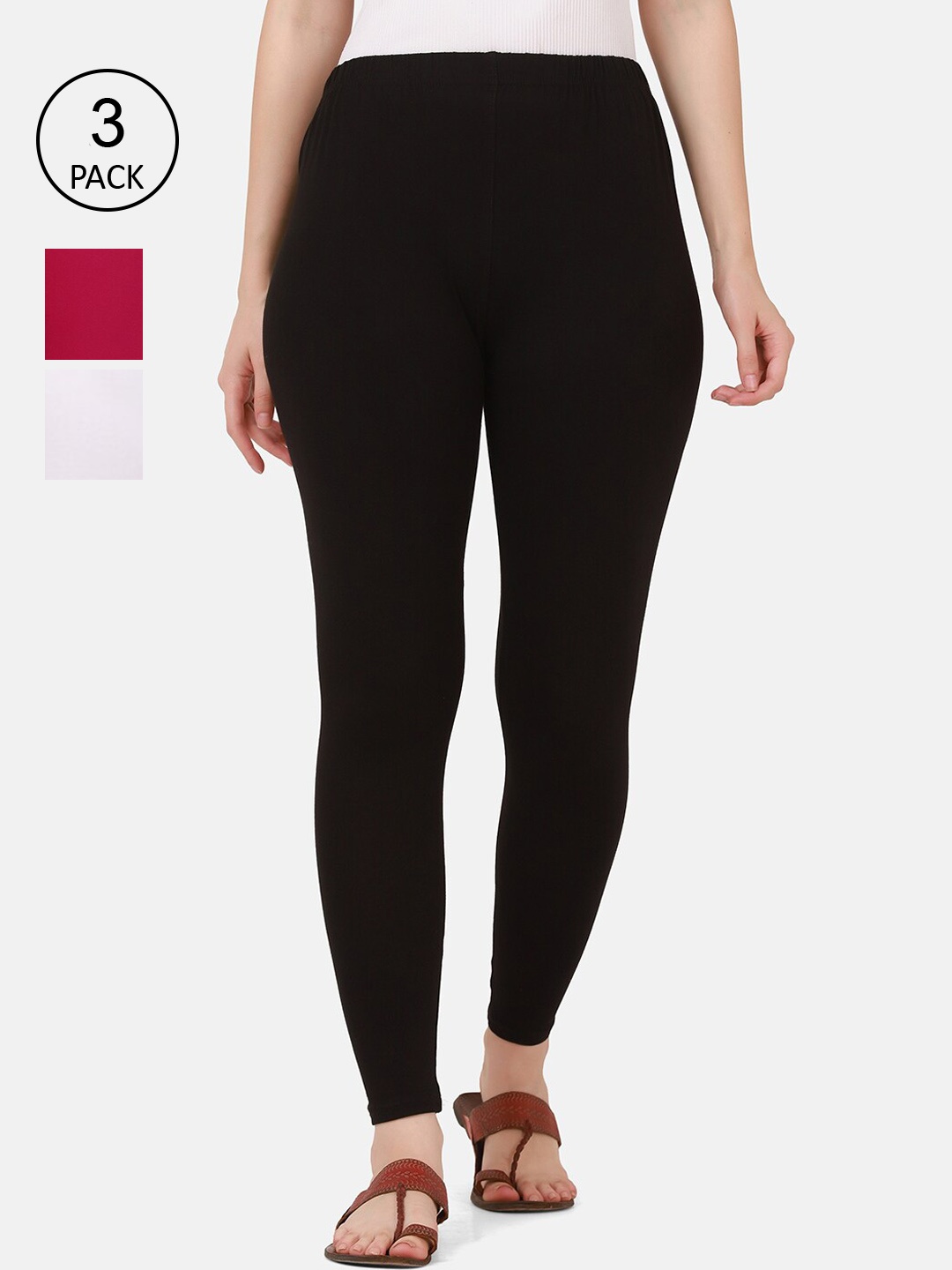 

BUY NEW TREND Women Pack Of 3 Solid Pure-Cotton Ankle-Length Leggings, Pink