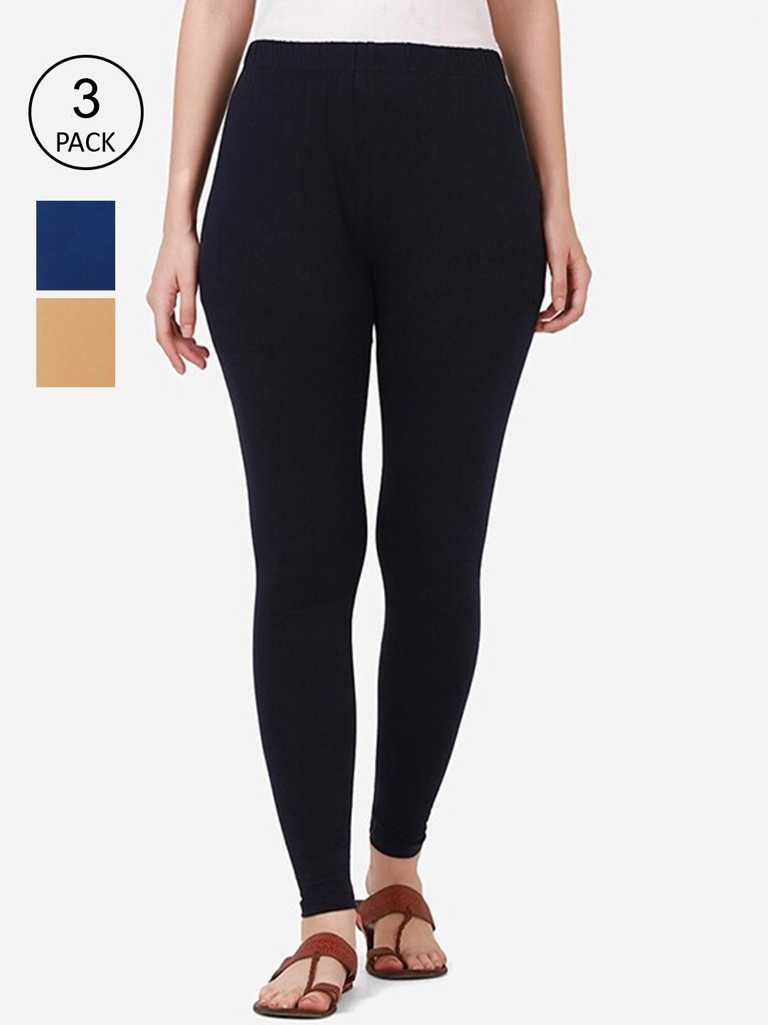 BUY NEW TREND Women Pack Of 3 Solid Cotton Ankle-Length Leggings, Blue