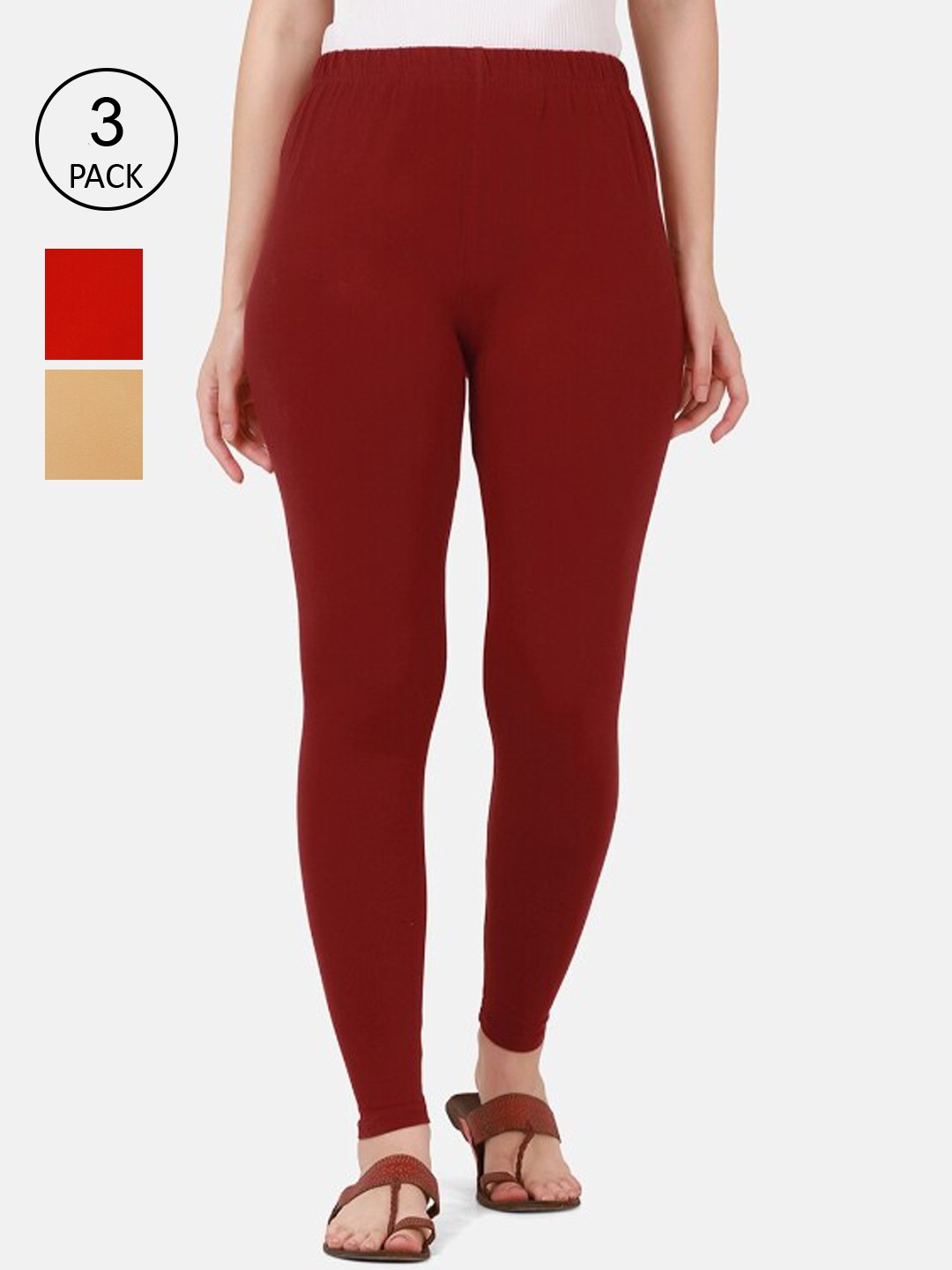 

BUY NEW TREND Women Pack Of 3 Red & Maroon Solid Cotton Ankle-Length Leggings
