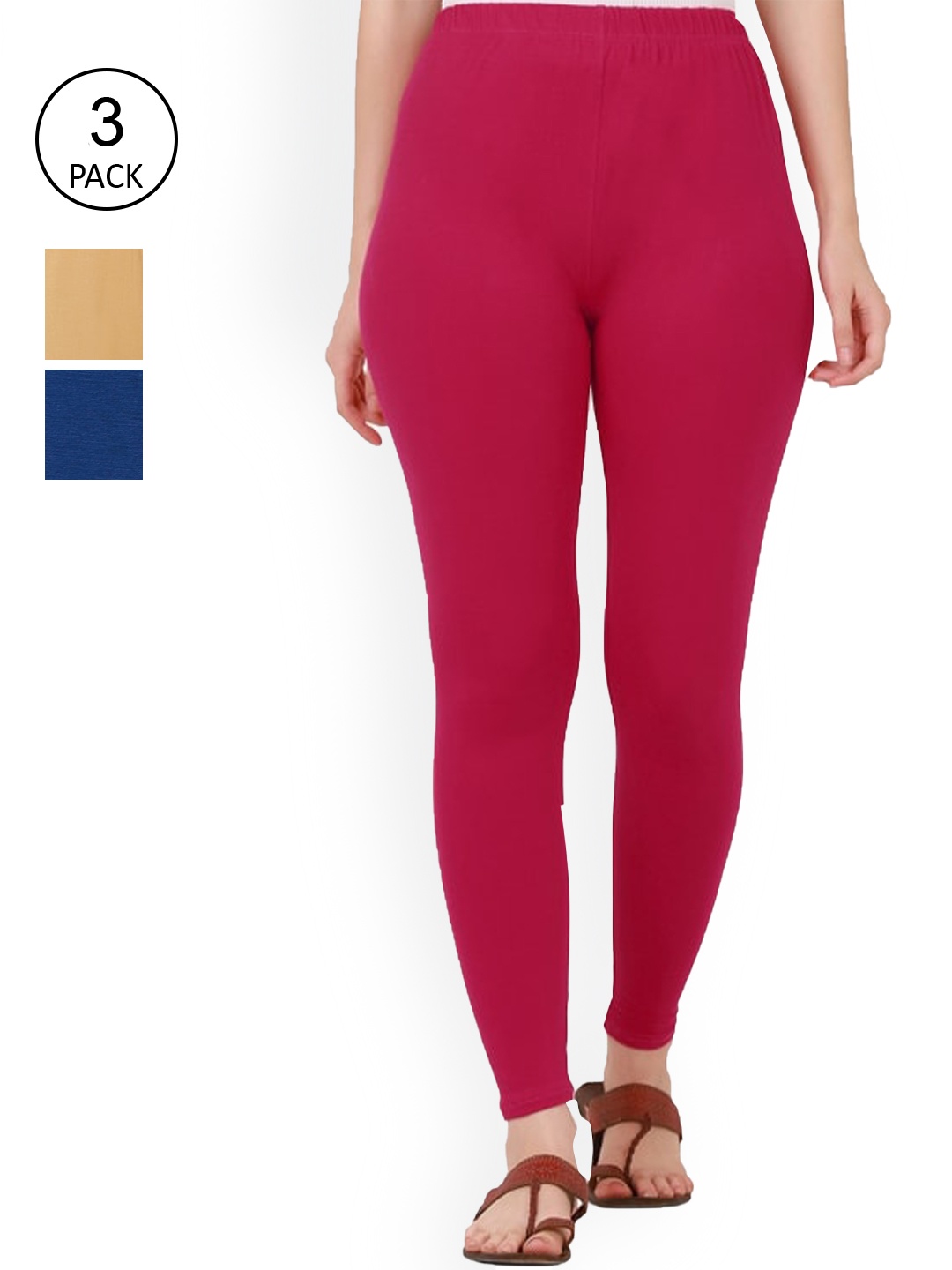 

BUY NEW TREND Women Pack of 3 Red & Navy Blue Solid Ankle-Length Leggings