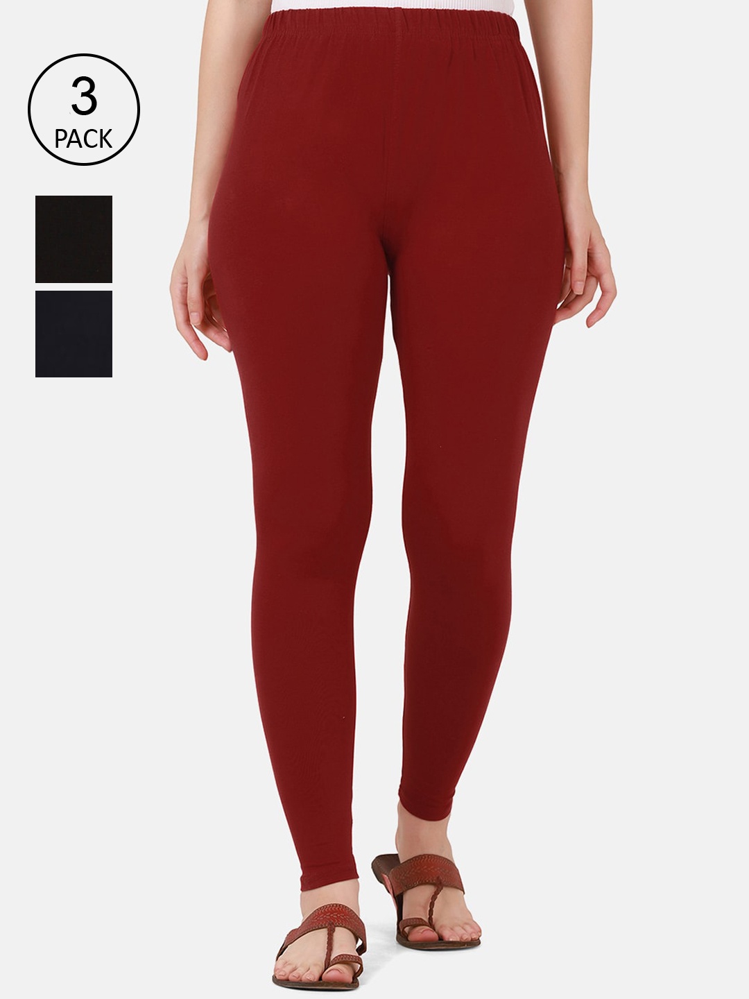 

BUY NEW TREND Women Pack Of 3 Solid Ankle-Length Cotton Leggings, Maroon