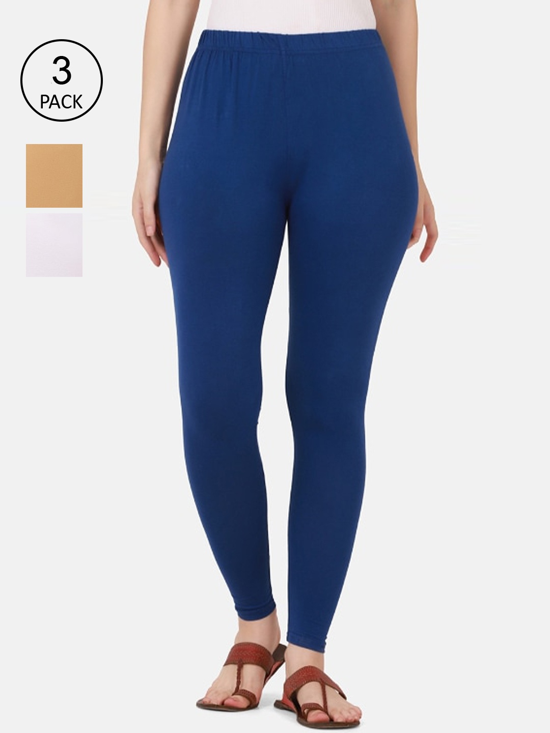 

BUY NEW TREND Women Pack Of 3 Solid Pure Cotton Ankle-Length Leggings, Navy blue