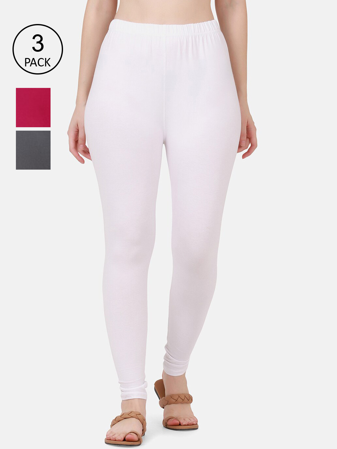 

BUY NEW TREND Women Pack Of 3 Solid Ankle-Length Pure Cotton Leggings, White