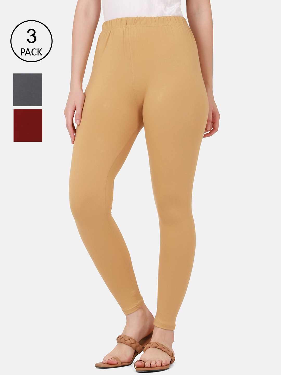 

BUY NEW TREND Women Pack Of 3 Solid Pure Cotton Ankle-Length Leggings, Grey