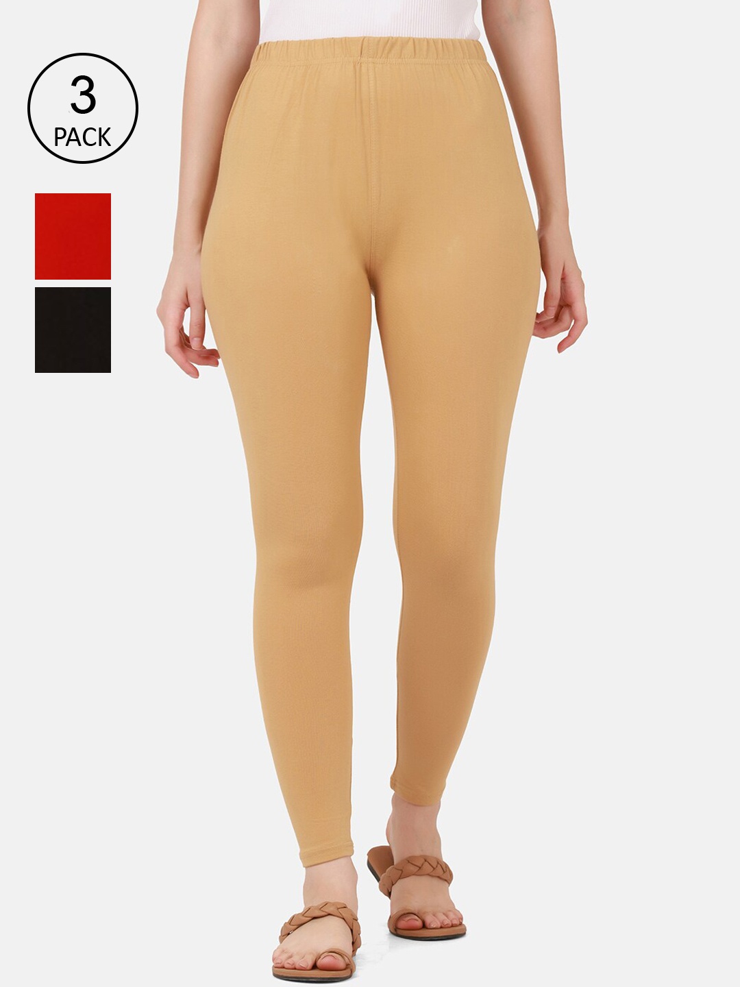 

BUY NEW TREND Women Pack Of 3 Black & Red Solid Ankle-Length Leggings