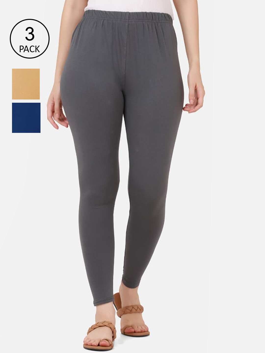 BUY NEW TREND Women Pack Of 3 Solid Ankle-Length Pure Cotton Leggings, Grey