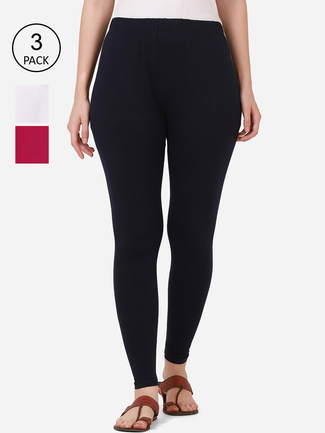 

BUY NEW TREND Women Pack Of 3 Solid Pure-Cotton Ankle-Length Leggings, White