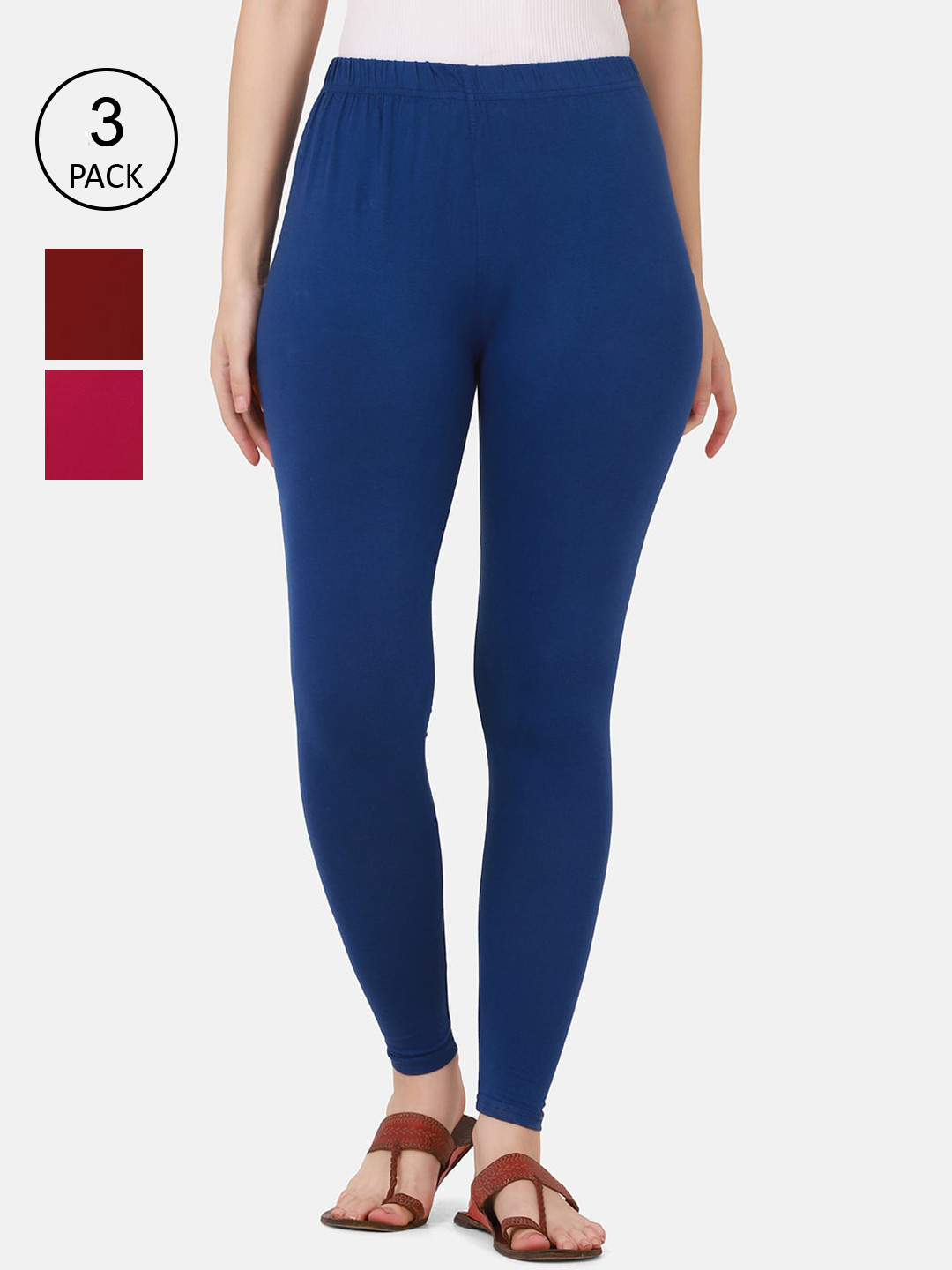 

BUY NEW TREND Women Pack Of 3 Solid Pure Cotton Ankle-Length Leggings, Blue