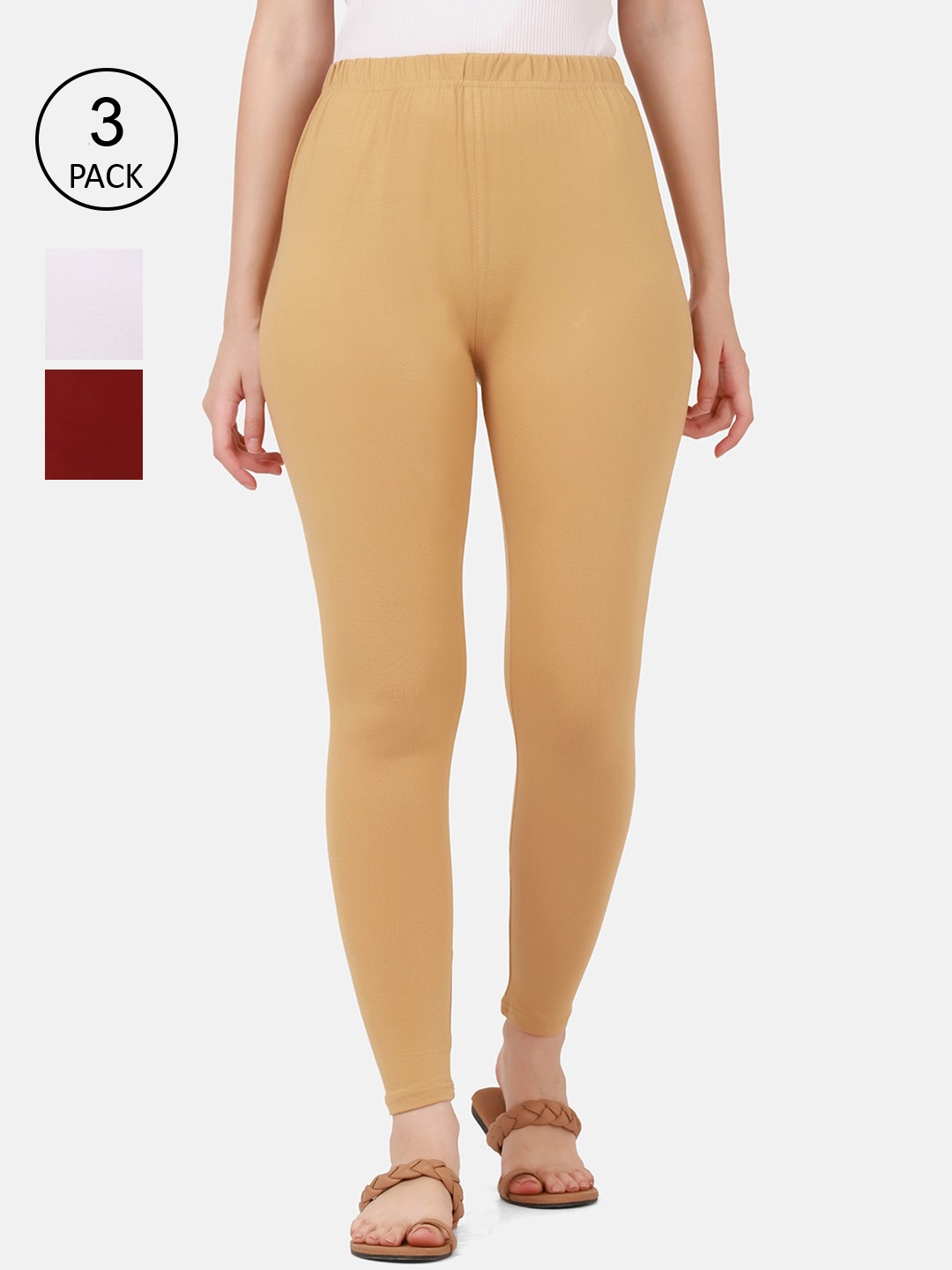 

BUY NEW TREND Women Pack Of 3 Solid Ankle Length Leggings, Beige