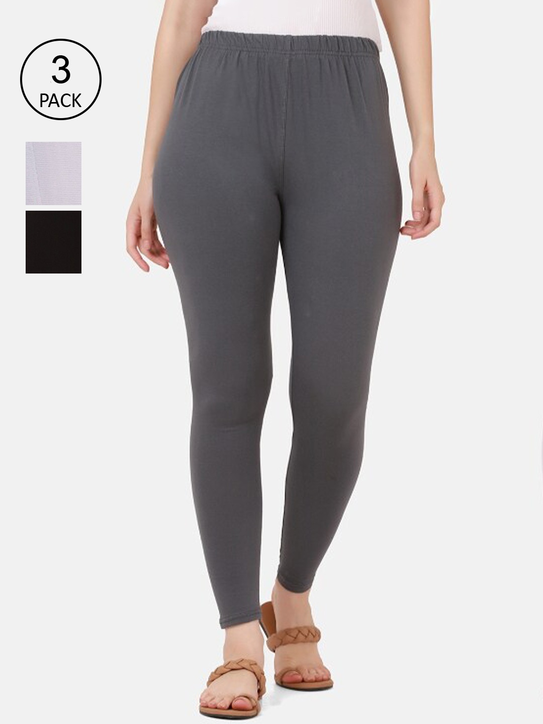 

BUY NEW TREND Women Pack Of 3 Solid Ankle Length Cotton Leggings, Grey