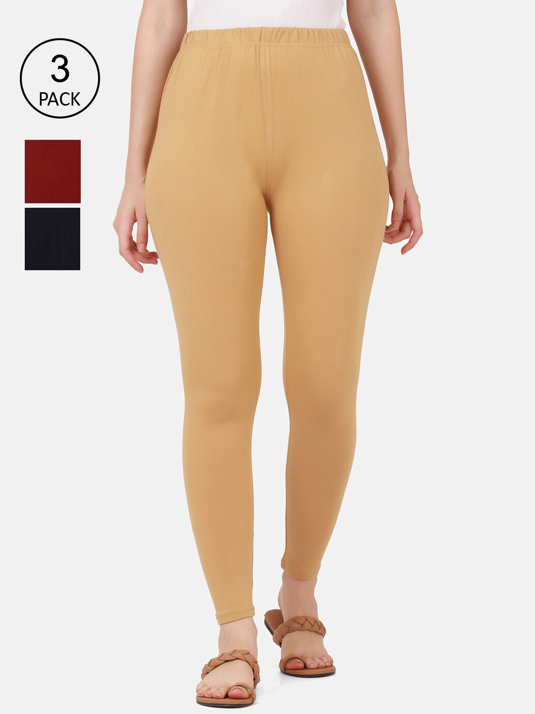 

BUY NEW TREND Women Pack Of 3 Maroon Beige & Navy Blue Solid Ankle Length Pure Cotton Leggings