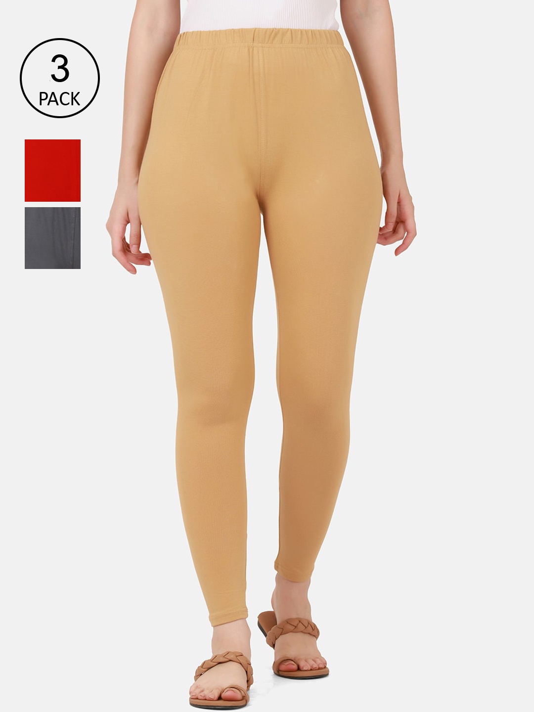 

BUY NEW TREND Women Pack Of 3 Solid Ankle-Length Pure Cotton Leggings, Red