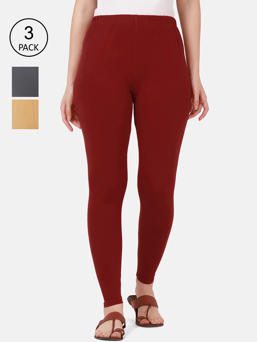 

BUY NEW TREND Women Pack Of 3 Solid Ankle-Length Leggings, Maroon