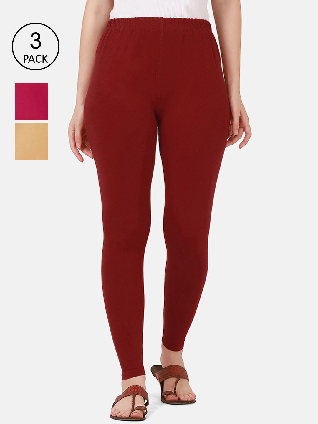 

BUY NEW TREND Women Pack Of 3 Solid Pure-Cotton Ankle-Length Leggings, Maroon