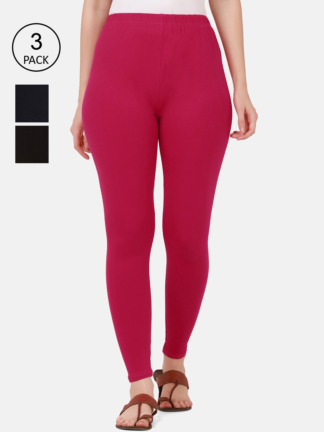 BUY NEW TREND Women Pack Of 3 Black & Pink Solid Cotton Ankle-Length Leggings