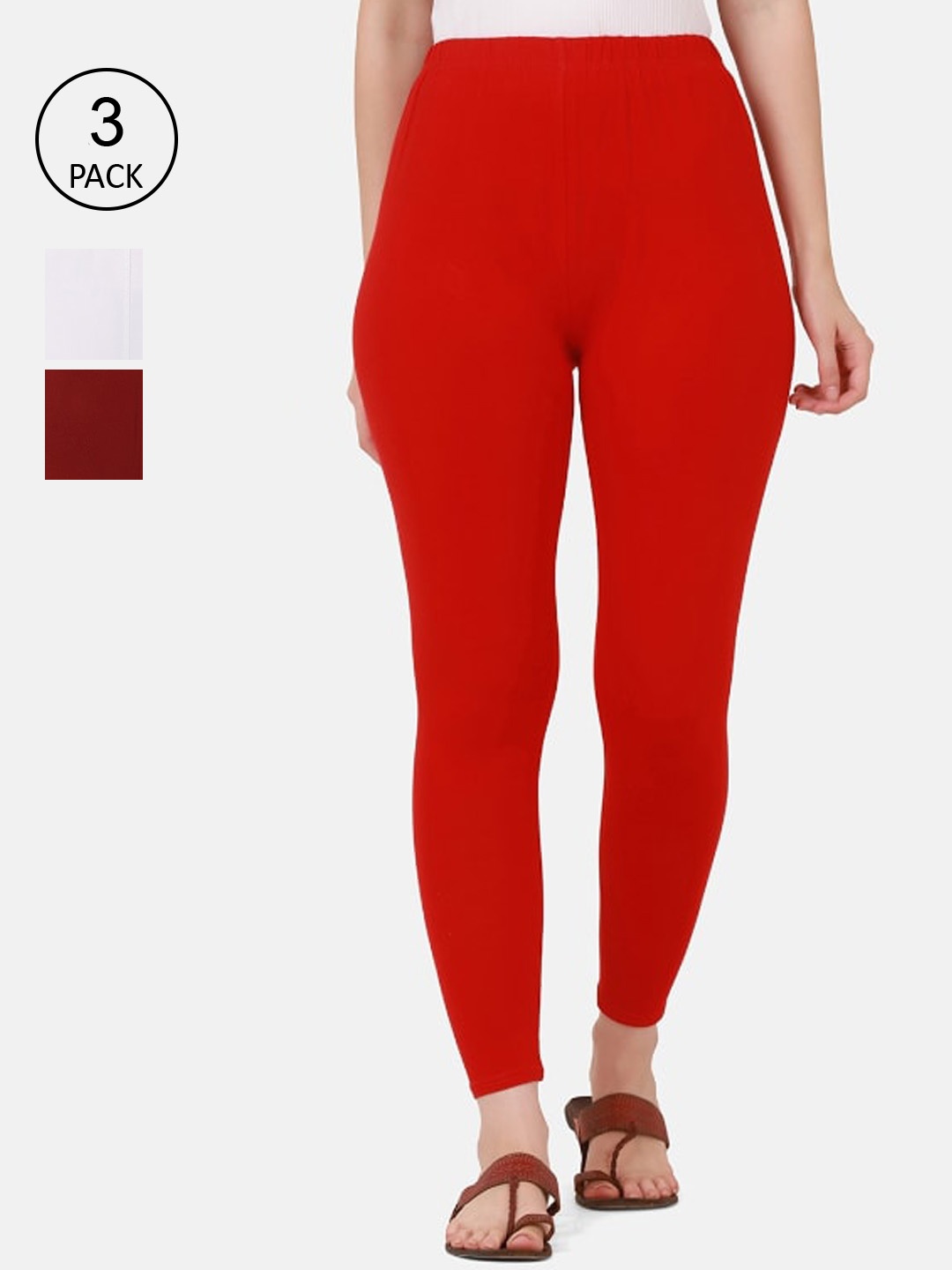 

BUY NEW TREND Women Pack Of 3 Solid Pure Cotton Ankle-Length Leggings, Red