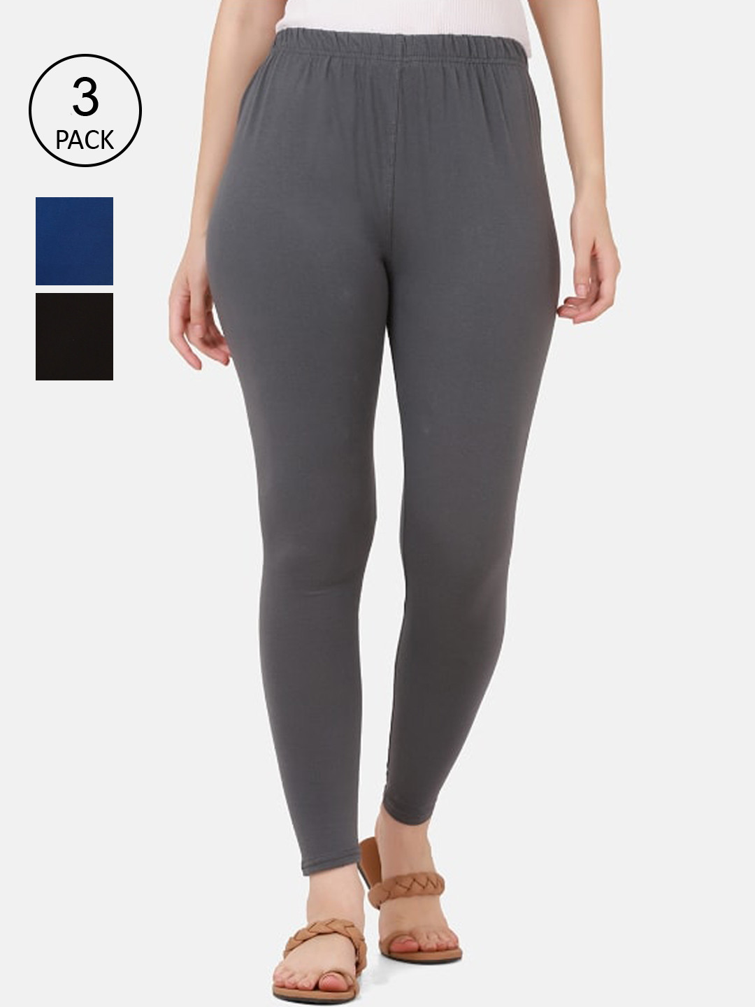 

BUY NEW TREND Women Pack Of 3 Solid Ankle-Length Cotton Leggings, Blue