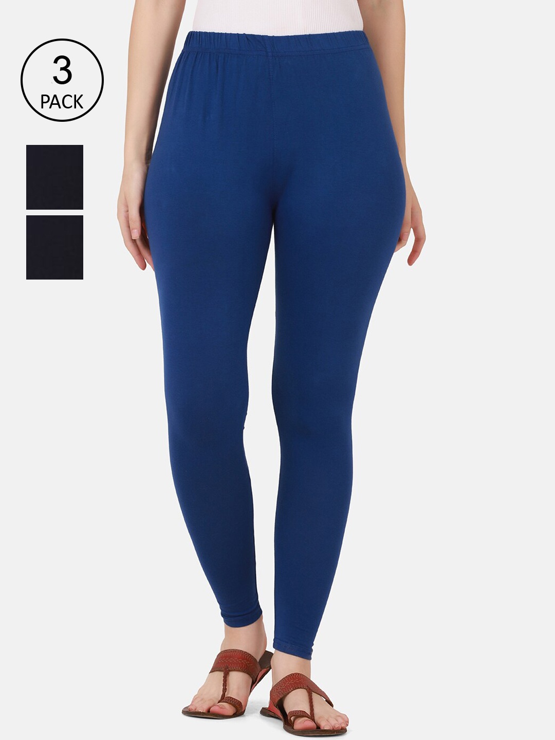 

BUY NEW TREND Pack of 3 Solid Ankle Length Cotton Leggings, Navy blue