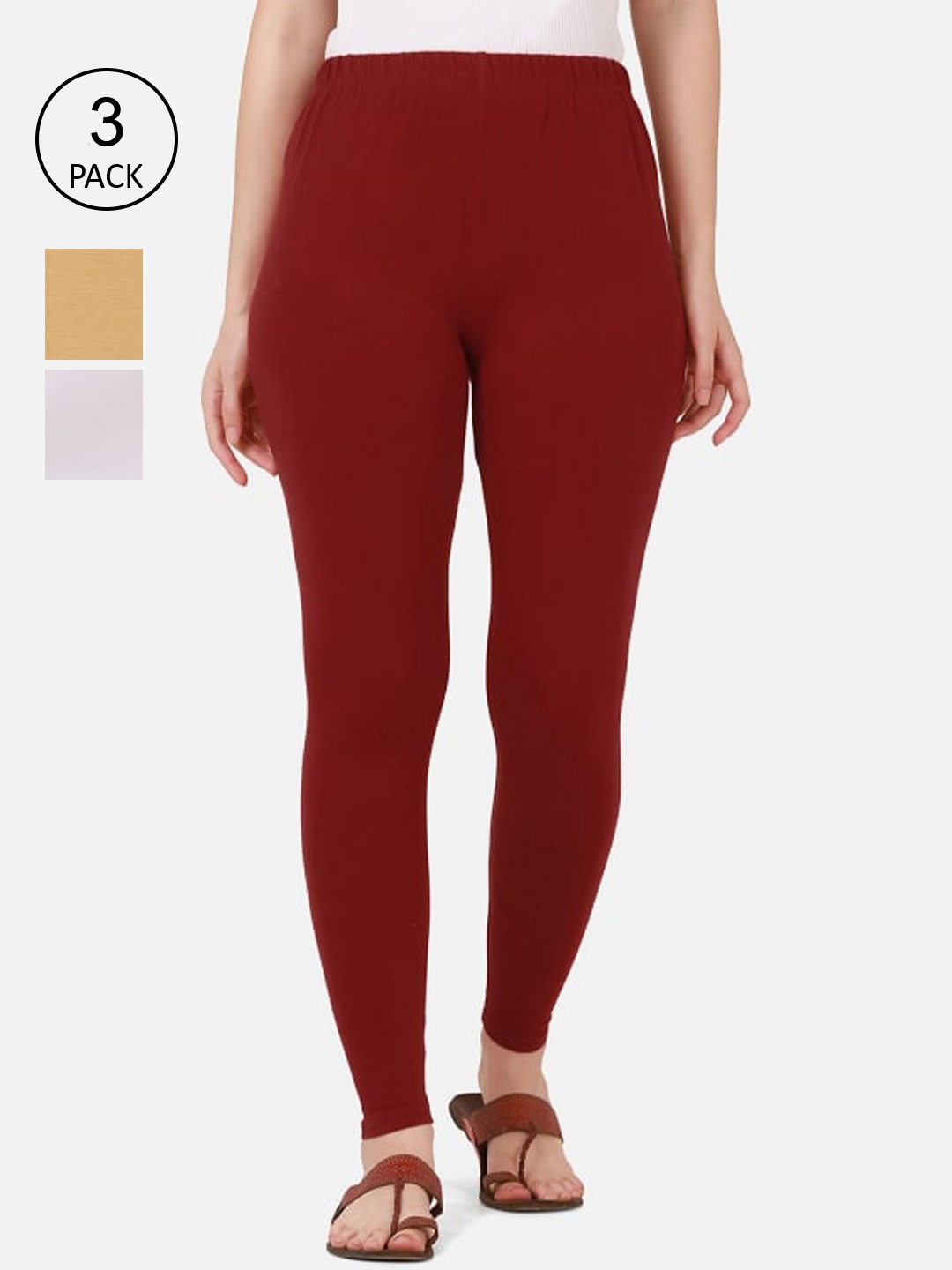 

BUY NEW TREND Women Pack Of 3 Solid Ankle-Length Cotton Leggings, Beige